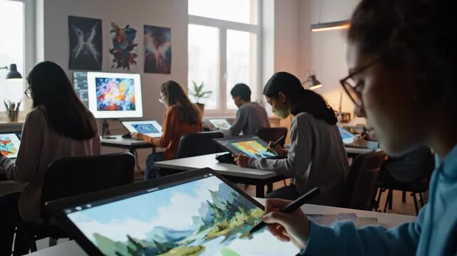 Group of young students in a modern classroom setting using graphic tablets and styluses, actively engaging in digital art creation and drawing activities during an art education lesson
