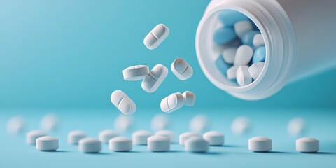 Pills spill from a bottle against a blue backdrop. Some pills are white and some white and blue