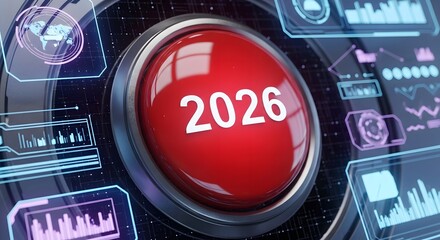 A prominent red push button displaying '2026' at its center, surrounded by a futuristic, high-tech control panel with glowing digital interfaces and data visualizations.