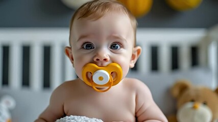 A baby with a pacifier in his mouth sitting in a crib