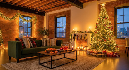 Cozy Christmas Living Room with Decorated Tree and City Lights