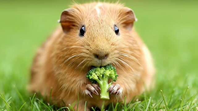 Adorable guinea pig eating fresh green broccoli on vibrant grass, cute pet rodent enjoying healthy vegetable