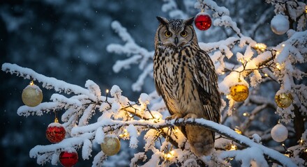 Owl on snowy tree branch with Christmas ornaments and glowing lights