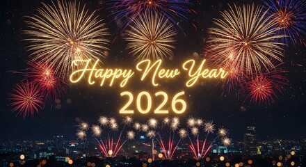 Golden Happy New Year 2026 greeting with confetti and bokeh lights on a dark background.