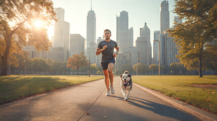 Man jogging with his dog in a park with a city skyline in the background on a sunny day.