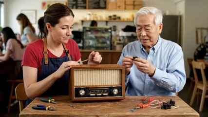 Woman and senior man collaborating on repairing a vintage radio, sharing skills and knowledge in a cafe setting, fostering an intergenerational learning and hobby experience