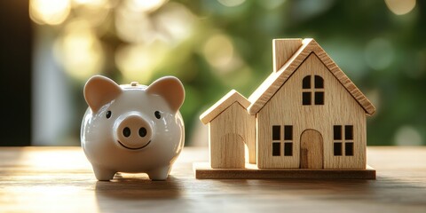 A smiling piggy bank sits next to a wooden house model, symbolizing savings and homeownership
