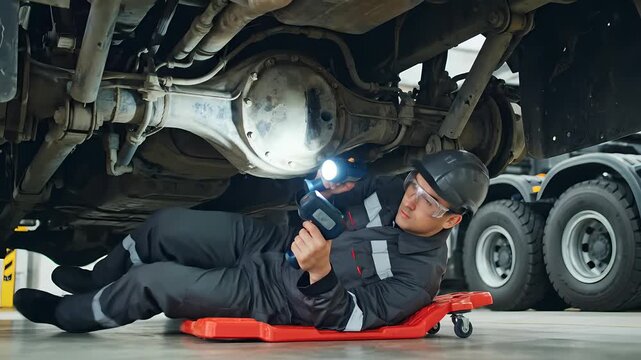 Two professional mechanics lying on a creeper underneath a heavy-duty truck, using a flashlight to inspect the axle and differential during maintenance
