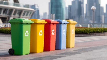 Multicolor recycling bins in modern city environment