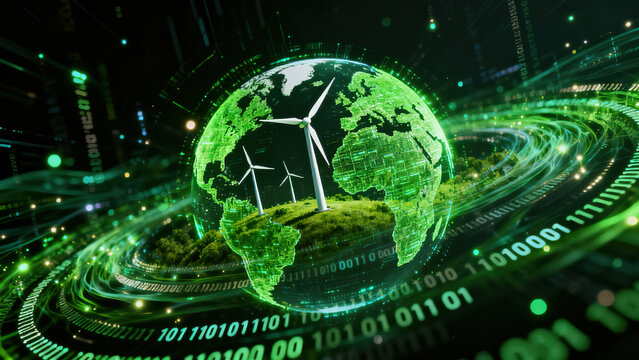 Futuristic Green Digital Earth with Wind Turbines