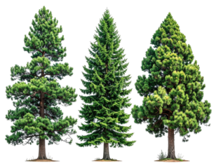 Three distinct evergreen trees in a row, various shades of green needles