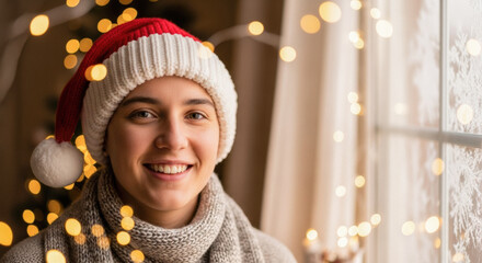 Smiling young woman wearing a festive red Santa hat near a window.