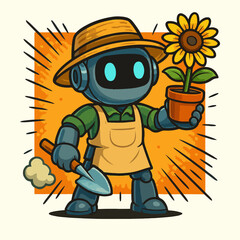 Gardener Robot Holding Flower in Futuristic Vintage Style