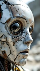 Fototapeta premium Closeup of humanoid robot face with glowing mechanical eyes rusty metal surface and circuits concept of artificial intelligence dystopia AGI ASI and machine danger