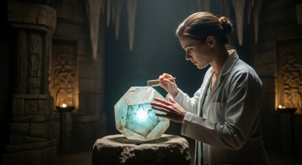 Woman archeologist cleaning glowing ancient alien artifact. Researcher exploring ancient extraterrestrial technology. Science fiction concept.