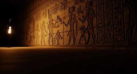 Torch illuminating ancient hieroglyph relief carvings with alien technology design. Extraterrestrial civilization.