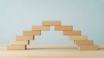 Wooden blocks arranged in an arch shape on a light brown surface