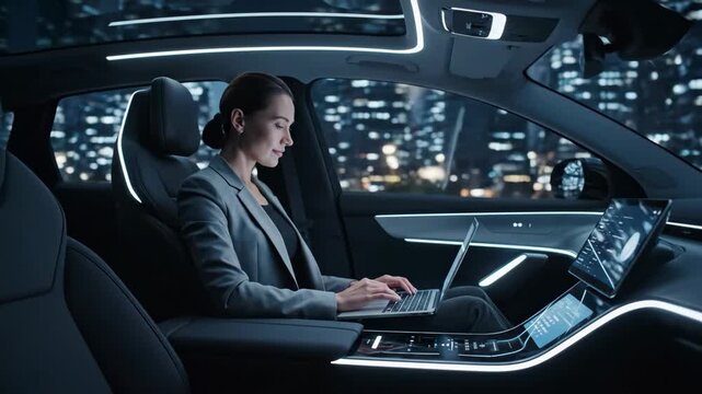 Businesswoman working on a laptop in a luxurious self-driving car at night, representing modern connectivity and efficient mobile office concepts in a futuristic city environment