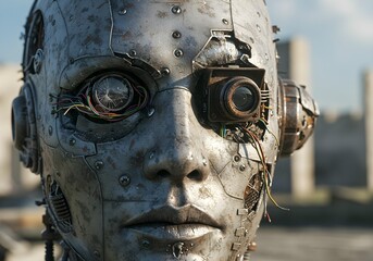 Rusty humanoid robot face with exposed circuits wires and damaged eye camera lens concept of dystopian artificial intelligence threat extinction and machine apocalypse