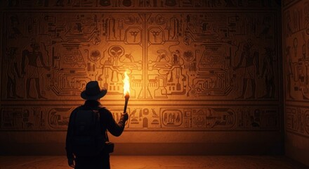 Man explorer with a torch examining ancient hieroglyphics mixed with alien technology symbols. Discovery of extraterrestrial civilization concept.