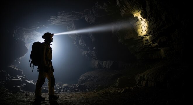 Man explorer with headlamp backpack stands in dark cave. Adventure tourist exploring underground grotto with gear. Caving expedition travel.