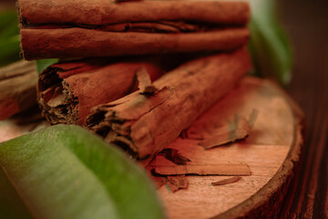 Organic Raw Cinnamon Sticks with Green Leaves - Natural Spice Ingredient