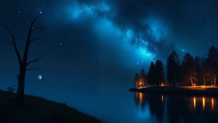 Naklejka premium Stunning night sky with Milky Way over serene lake and forest