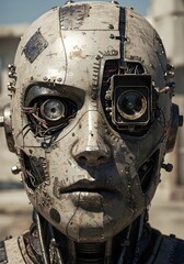 Fototapeta premium Rusty humanoid robot face with exposed circuits wires and damaged eye camera lens concept of dystopian artificial intelligence threat extinction and machine apocalypse