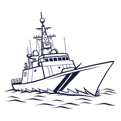 Obraz premium Stylized outline drawing of a modern navy patrol boat or coast guard vessel sailing through choppy blue waters