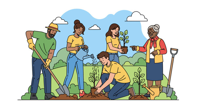 Diverse group of volunteers planting trees in a park, fostering community and environmentalism