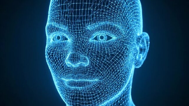 Artificial intelligence eye looking through a human face made of glowing wireframe grid, representing biometric recognition and future digital technology