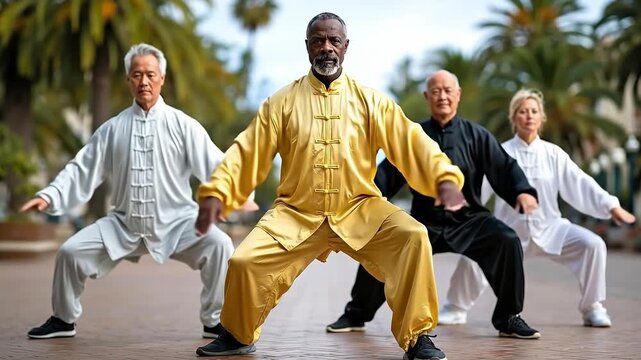 A group of older men and women doing tai chi in a park
