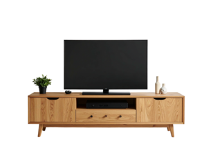 Light wood TV stand with flat screen