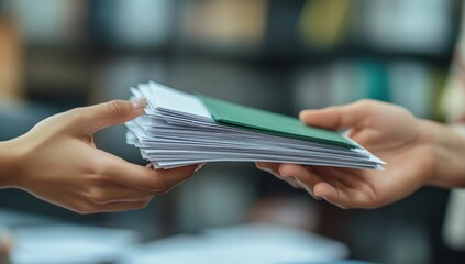 Two hands passing a stack of envelopes; focus on document transfer and a green top sheet