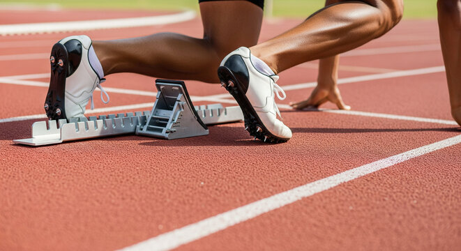 Sprinter's Powerful Legs and Spikes Ready to Start the Race
An extreme close-up shot capturing the moment before a sprint race, focusing entirely on the athlete's muscular legs
