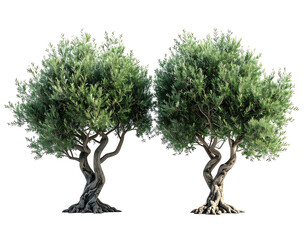 Two mature olive trees, full and lush foliage, gnarled trunks