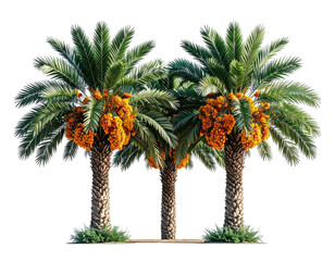 Three date palms with bunches of orange-yellow fruit against a black background