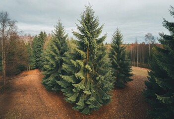 Birds-eye view of evergreen trees with gentle shadow movement on the ground