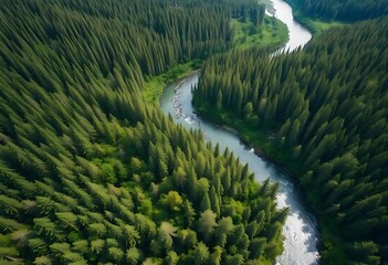 High view of winding river cutting through lush forest in looped camera path