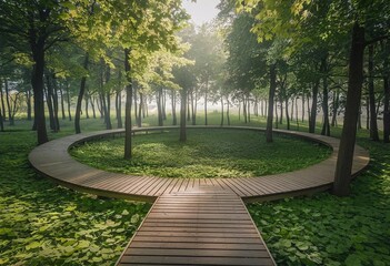 Looped circular pan of green forest landscape under summer sunlight