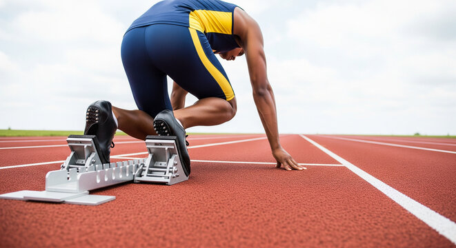 Sprinter in Starting Blocks Ready to Explode on the Track
An up-close, low-angle shot of a powerful track athlete in the 'set' position on the starting blocks