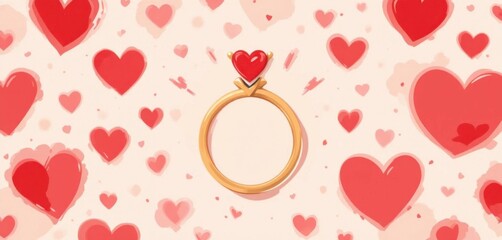 Modern Flat Design Ring Illustration with a Red Heart for Valentine s Engagement Announcment
