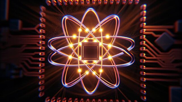 Quantum processor glow atomic orbit neon circuit microchip core future tech energy pulse luminous wire digital grid quantum chip glow neon circuit