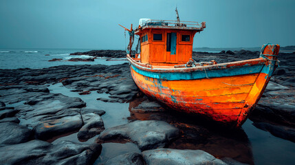 Old colorful wooden fishing boat stranded on dark volcanic rocks near the sea under moody blue sky