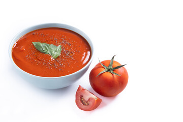 Homemade Tomato Soup in bowl isolated on white background. Copy space