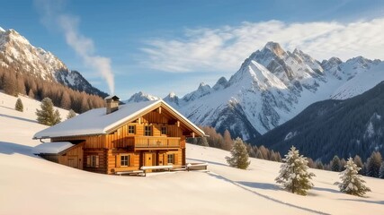 Wooden mountain chalet with smoke rising from chimney in a snowy landscape. Winter holiday scene. Alpine home footage. - Powered by Adobe