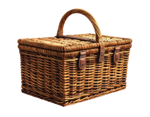 Rectangular wicker picnic basket with brown handles