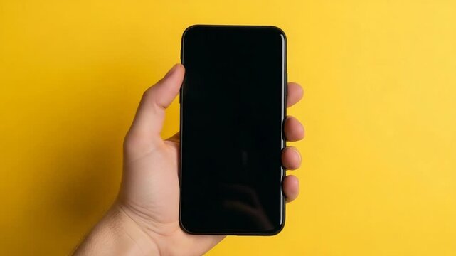 hand interacting with black smartphone on yellow background