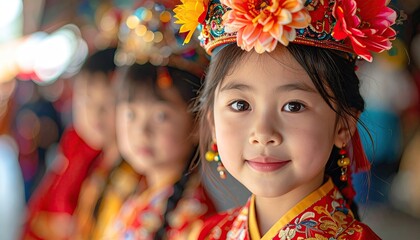 Portrait of a Smiling Young Girl Wearing Traditional Headdress and Embroidered Clothing with Soft Focus Background