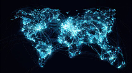 Glowing World Map Visualizing a Global Technology Network